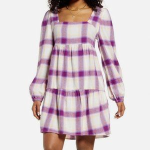 BP. Nordstrom Ivory Purple Plaid Long Sleeve Mini Dress womens S
